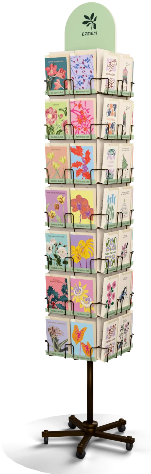 ERDEN card display: a freestanding retail unit with seven rows of four designs